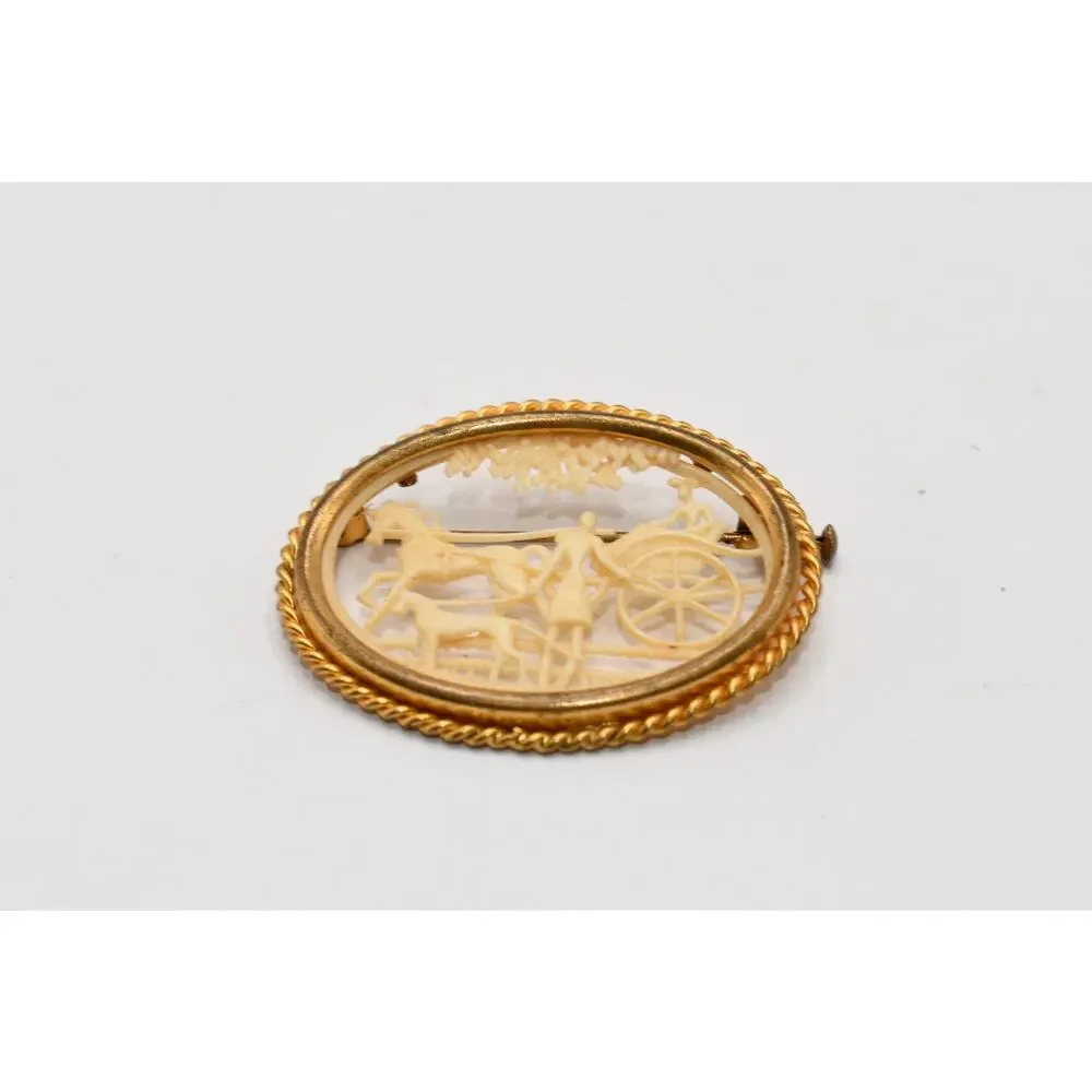 Vintage Celluloid Horse Carriage Scene Brooch Gold Tone Oval Frame